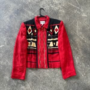 Vintage Nancy Bolen Jacket Womens 8 Red Rayon City Girl Geometric 90s